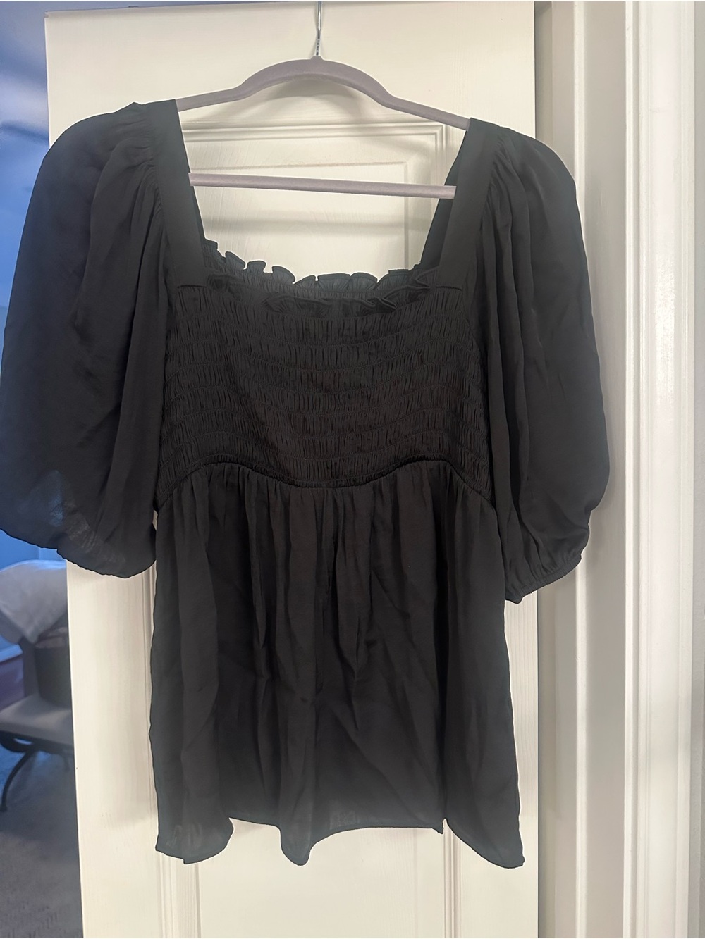 The Impeccable Pig Black Smocked Square Neck Puff Sleeve Blouse